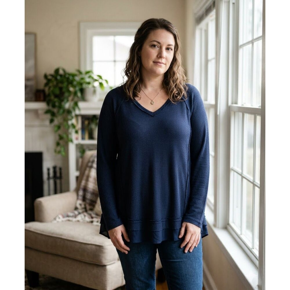 Torrid Womens Size 1 Blue Waffle Knit Tunic Top V Neck Long Sleeve Lagenlook